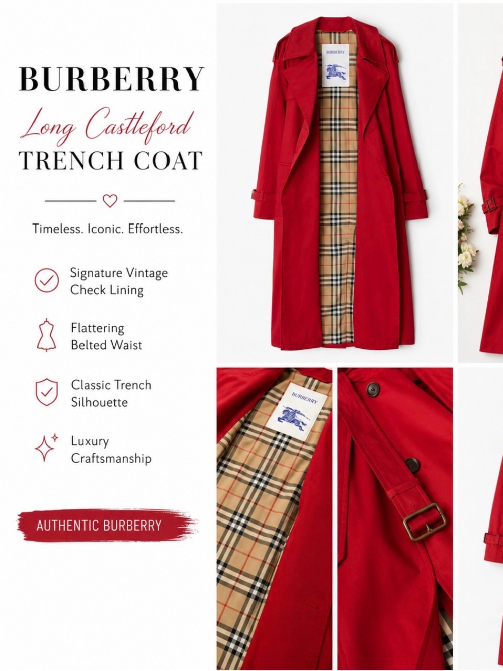 Burberry Red Castleford Trench Coat with Vintage Check Lining